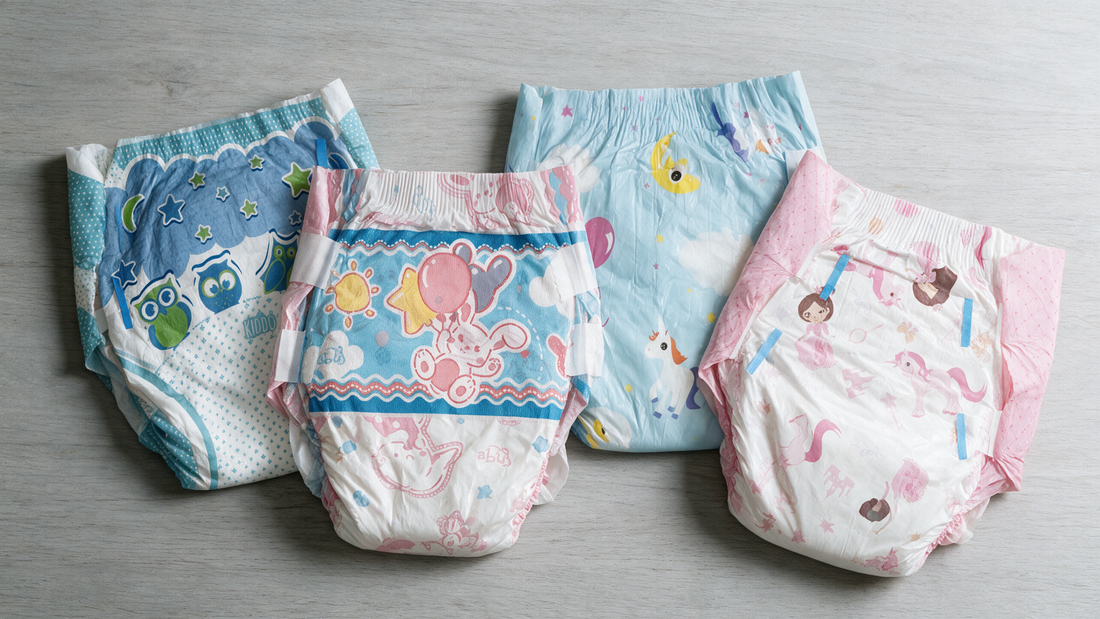 Four unworn patterned diapers arranged on a light surface