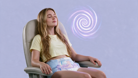 Adult woman seated with closed eyes beside a light spiral