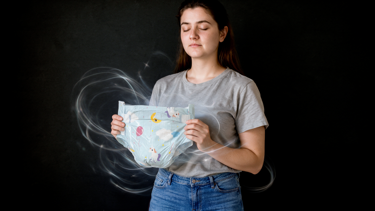 Adult woman with closed eyes holding an unworn patterned diaper